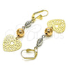 Oro Laminado Long Earring, Gold Filled Style Heart and Tree Design, Polished, Tricolor, 02.213.0450