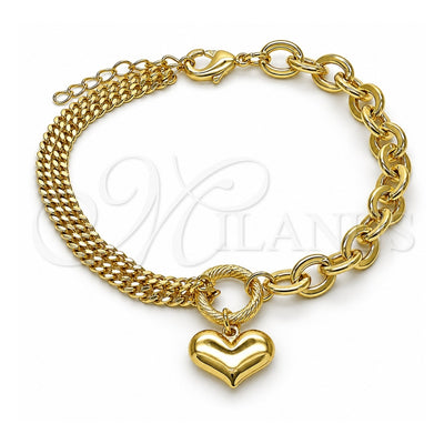 Oro Laminado Fancy Bracelet, Gold Filled Style Heart and Rolo Design, Polished, Golden Finish, 03.213.0209.07 (07 MM Thickness, 7 Inches Length)