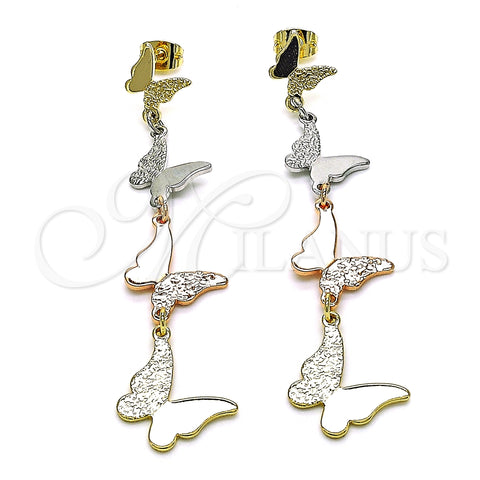Oro Laminado Long Earring, Gold Filled Style Butterfly Design, Polished, Tricolor, 02.213.0452
