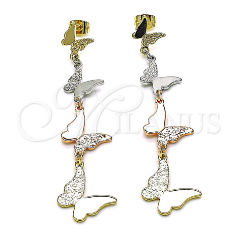 Oro Laminado Long Earring, Gold Filled Style Butterfly Design, Polished, Tricolor, 02.213.0452