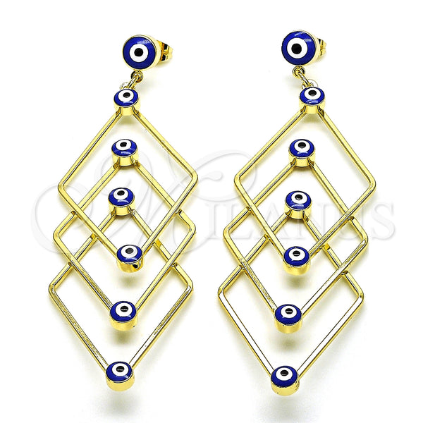 Oro Laminado Long Earring, Gold Filled Style Evil Eye Design, Blue Enamel Finish, Golden Finish, 02.213.0454