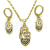 Oro Laminado Earring and Pendant Adult Set, Gold Filled Style Heart Design, with Multicolor Micro Pave, Polished, Golden Finish, 10.196.0055