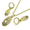 Oro Laminado Earring and Pendant Adult Set, Gold Filled Style Heart Design, with Multicolor Micro Pave, Polished, Golden Finish, 10.196.0055