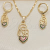 Oro Laminado Earring and Pendant Adult Set, Gold Filled Style Heart Design, with Multicolor Micro Pave, Polished, Golden Finish, 10.196.0055