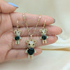 Oro Laminado Earring and Pendant Adult Set, Gold Filled Style Teddy Bear and Heart Design, with Green and Black Cubic Zirconia, Polished, Golden Finish, 10.196.0056