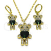 Oro Laminado Earring and Pendant Adult Set, Gold Filled Style Teddy Bear and Heart Design, with Green and Black Cubic Zirconia, Polished, Golden Finish, 10.196.0056