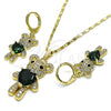 Oro Laminado Earring and Pendant Adult Set, Gold Filled Style Teddy Bear and Heart Design, with Green and Black Cubic Zirconia, Polished, Golden Finish, 10.196.0056