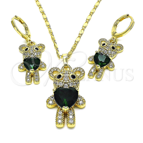 Oro Laminado Earring and Pendant Adult Set, Gold Filled Style Teddy Bear and Heart Design, with Green and Black Cubic Zirconia, Polished, Golden Finish, 10.196.0056
