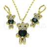 Oro Laminado Earring and Pendant Adult Set, Gold Filled Style Teddy Bear and Heart Design, with Green and Black Cubic Zirconia, Polished, Golden Finish, 10.196.0056