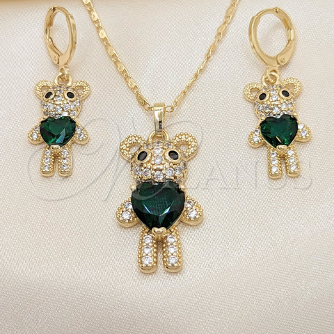 Oro Laminado Earring and Pendant Adult Set, Gold Filled Style Teddy Bear and Heart Design, with Green and Black Cubic Zirconia, Polished, Golden Finish, 10.196.0056