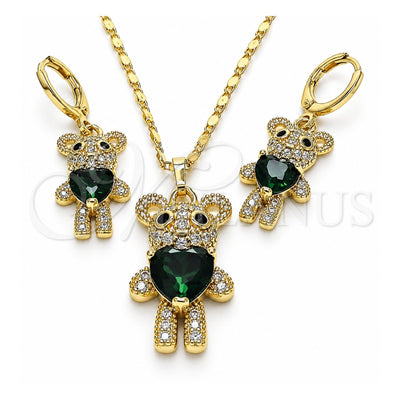 Oro Laminado Earring and Pendant Adult Set, Gold Filled Style Teddy Bear and Heart Design, with Green and Black Cubic Zirconia, Polished, Golden Finish, 10.196.0056