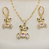 Oro Laminado Earring and Pendant Adult Set, Gold Filled Style Teddy Bear Design, with Black Cubic Zirconia and Multicolor Micro Pave, Polished, Golden Finish, 10.196.0036.1