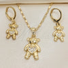 Oro Laminado Earring and Pendant Adult Set, Gold Filled Style Teddy Bear and Heart Design, with White Micro Pave, Polished, Golden Finish, 10.196.0058