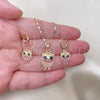 Oro Laminado Earring and Pendant Adult Set, Gold Filled Style Owl Design, with Black Cubic Zirconia and Ruby Micro Pave, Polished, Golden Finish, 10.196.0061