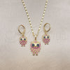 Oro Laminado Earring and Pendant Adult Set, Gold Filled Style Owl Design, with Black Cubic Zirconia and Ruby Micro Pave, Polished, Golden Finish, 10.196.0061