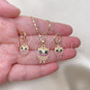 Oro Laminado Earring and Pendant Adult Set, Gold Filled Style Owl Design, with Black Cubic Zirconia and Ruby Micro Pave, Polished, Golden Finish, 10.196.0061