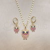Oro Laminado Earring and Pendant Adult Set, Gold Filled Style Owl Design, with Black Cubic Zirconia and Ruby Micro Pave, Polished, Golden Finish, 10.196.0061