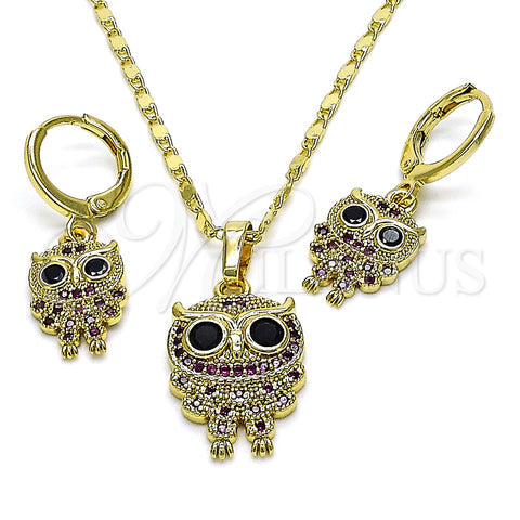 Oro Laminado Earring and Pendant Adult Set, Gold Filled Style Owl Design, with Black Cubic Zirconia and Ruby Micro Pave, Polished, Golden Finish, 10.196.0061