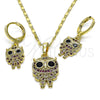 Oro Laminado Earring and Pendant Adult Set, Gold Filled Style Owl Design, with Black Cubic Zirconia and Ruby Micro Pave, Polished, Golden Finish, 10.196.0061
