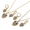 Oro Laminado Earring and Pendant Adult Set, Gold Filled Style Owl Design, with Black Cubic Zirconia and Ruby Micro Pave, Polished, Golden Finish, 10.196.0061