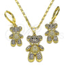 Oro Laminado Earring and Pendant Adult Set, Gold Filled Style Teddy Bear Design, with Lavender and Black Micro Pave, Polished, Golden Finish, 10.196.0062
