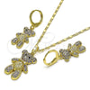 Oro Laminado Earring and Pendant Adult Set, Gold Filled Style Teddy Bear Design, with Lavender and Black Micro Pave, Polished, Golden Finish, 10.196.0062