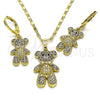 Oro Laminado Earring and Pendant Adult Set, Gold Filled Style Teddy Bear Design, with Lavender and Black Micro Pave, Polished, Golden Finish, 10.196.0062