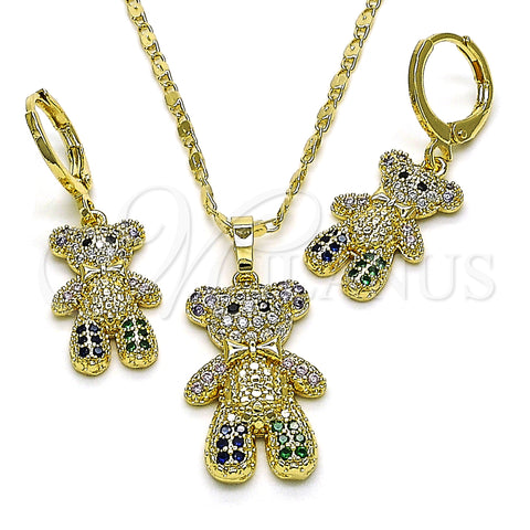 Oro Laminado Earring and Pendant Adult Set, Gold Filled Style Teddy Bear Design, with Multicolor Micro Pave, Polished, Golden Finish, 10.196.0038.2
