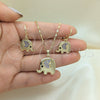 Oro Laminado Earring and Pendant Adult Set, Gold Filled Style Elephant and Heart Design, with Amethyst and Black Micro Pave, Polished, Golden Finish, 10.196.0064