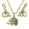 Oro Laminado Earring and Pendant Adult Set, Gold Filled Style Elephant and Heart Design, with Amethyst and Black Micro Pave, Polished, Golden Finish, 10.196.0064