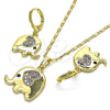 Oro Laminado Earring and Pendant Adult Set, Gold Filled Style Elephant and Heart Design, with Amethyst and Black Micro Pave, Polished, Golden Finish, 10.196.0064