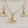 Oro Laminado Earring and Pendant Adult Set, Gold Filled Style Elephant and Heart Design, with Amethyst and Black Micro Pave, Polished, Golden Finish, 10.196.0064