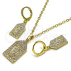 Oro Laminado Earring and Pendant Adult Set, Gold Filled Style Guadalupe and Cross Design, with White Micro Pave, Polished, Golden Finish, 10.196.0071