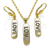 Oro Laminado Earring and Pendant Adult Set, Gold Filled Style Nameplate and Love Design, with Multicolor Micro Pave, Polished, Golden Finish, 10.196.0072