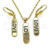 Oro Laminado Earring and Pendant Adult Set, Gold Filled Style Nameplate and Love Design, with Green Micro Pave, Polished, Golden Finish, 10.196.0072.1