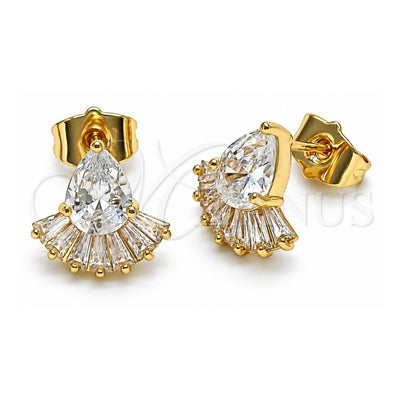 Oro Laminado Stud Earring, Gold Filled Style Teardrop and Baguette Design, with White Cubic Zirconia, Polished, Golden Finish, 02.283.0062