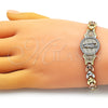 Oro Laminado Fancy Bracelet, Gold Filled Style San Judas and Flower Design, with White Micro Pave, Diamond Cutting Finish, Tricolor, 03.253.0081.08 (08 MM Thickness, 8 Inches Length)