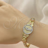 Oro Laminado Fancy Bracelet, Gold Filled Style San Judas and Flower Design, with White Micro Pave, Diamond Cutting Finish, Tricolor, 03.253.0081.08 (08 MM Thickness, 8 Inches Length)
