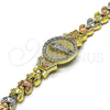 Oro Laminado Fancy Bracelet, Gold Filled Style San Judas and Flower Design, with White Micro Pave, Diamond Cutting Finish, Tricolor, 03.253.0081.08 (08 MM Thickness, 8 Inches Length)