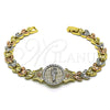 Oro Laminado Fancy Bracelet, Gold Filled Style San Judas and Flower Design, with White Micro Pave, Diamond Cutting Finish, Tricolor, 03.253.0081.08 (08 MM Thickness, 8 Inches Length)