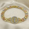 Oro Laminado Fancy Bracelet, Gold Filled Style San Judas and Flower Design, with White Micro Pave, Diamond Cutting Finish, Tricolor, 03.253.0081.08 (08 MM Thickness, 8 Inches Length)