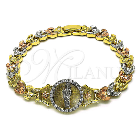 Oro Laminado Fancy Bracelet, Gold Filled Style San Judas and Flower Design, with White Micro Pave, Diamond Cutting Finish, Tricolor, 03.253.0081.08 (08 MM Thickness, 8 Inches Length)