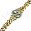 Oro Laminado Fancy Bracelet, Gold Filled Style Dolphin and Flower Design, with White Micro Pave and White Cubic Zirconia, Diamond Cutting Finish, Tricolor, 03.253.0083.08 (08 MM Thickness, 8 Inches Length)