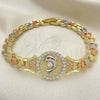 Oro Laminado Fancy Bracelet, Gold Filled Style Dolphin and Flower Design, with White Micro Pave and White Cubic Zirconia, Diamond Cutting Finish, Tricolor, 03.253.0083.08 (08 MM Thickness, 8 Inches Length)