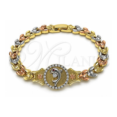 Oro Laminado Fancy Bracelet, Gold Filled Style Dolphin and Flower Design, with White Micro Pave and White Cubic Zirconia, Diamond Cutting Finish, Tricolor, 03.253.0083.08 (08 MM Thickness, 8 Inches Length)