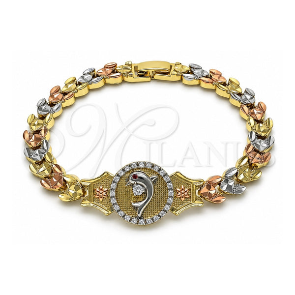 Oro Laminado Fancy Bracelet, Gold Filled Style Dolphin and Flower Design, with White Micro Pave and White Cubic Zirconia, Diamond Cutting Finish, Tricolor, 03.253.0083.08 (08 MM Thickness, 8 Inches Length)