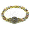 Oro Laminado Fancy Bracelet, Gold Filled Style Dolphin and Flower Design, with White Micro Pave and White Cubic Zirconia, Diamond Cutting Finish, Tricolor, 03.253.0083.08 (08 MM Thickness, 8 Inches Length)