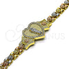 Oro Laminado Fancy Bracelet, Gold Filled Style San Judas and Heart Design, with White Micro Pave, Polished, Tricolor, 03.253.0084.07 (06 MM Thickness, 7 Inches Length)