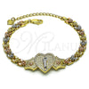 Oro Laminado Fancy Bracelet, Gold Filled Style San Judas and Heart Design, with White Micro Pave, Polished, Tricolor, 03.253.0084.07 (06 MM Thickness, 7 Inches Length)