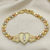 Oro Laminado Fancy Bracelet, Gold Filled Style San Judas and Heart Design, with White Micro Pave, Polished, Tricolor, 03.253.0084.07 (06 MM Thickness, 7 Inches Length)